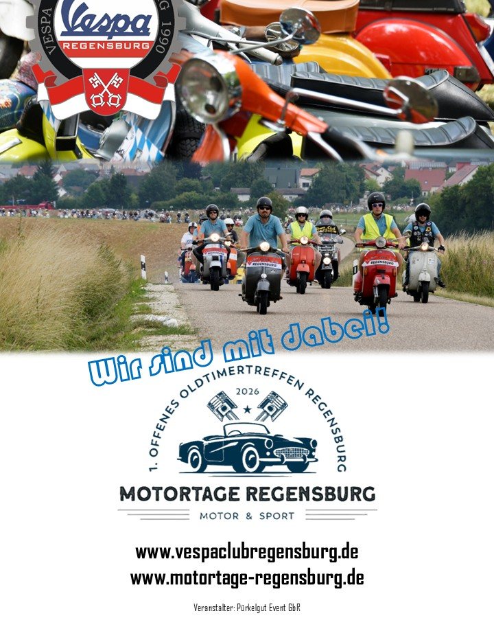 Liebe Vespafreunde!

Am 11. und 12. Juli ist der Vespaclub vertreten auf den 1. Regensburger Motortagen auf dem Pürkelgut. 

Wir freuen uns über jeden von Euch, der mit dabei ist. 

Meldet Euch direkt hier kostenlos auf der Homepage der Motortage an und sichert Euch ein Ticket!

https://motortage-regensburg.de/

#motortageregensburg #vespaclubregensburg #pürkelgut #oldtimertreffen #regensburg #vespagram #vespafamily