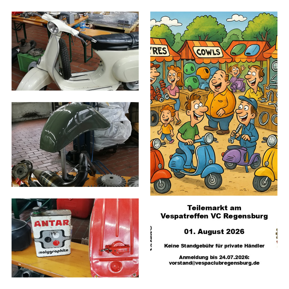 ‼ Eine kleine Erinnerung ‼

Bis spätestens Freitag 24.07. nehmen wir noch Anmeldungen für den Teileflohmarkt am Vespatreffen und Sommerfest VC Regensburg 2026 entgegen. 📩

Der Teileflohmarkt richtet sich an private Verkäufer und ist für diese kostenlos. 
Wir benötigen allerdings von Euch zwingend ☝️ eine Email mit Euren Kontaktdaten und dem ungefähren Platzbedarf! 📧

Anreise und Aufbau ist am Samstag, 01. August 2026 bis spätestens 10:00 Uhr möglich. 🕘🕚

Ohne Anmeldung besteht leider kein Anspruch auf einen Standplatz. 🧐

💚🤍❤️🛵💰🛵💰🛵💚🤍❤️

 #vespatreffen #teilemarkt #vespasommerfest #vespafamily #vespagram #vespaclubregensburg